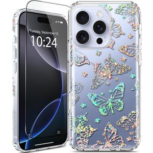 for iPhone 16 Pro Max Case with Screen Protector, Cute for Women Girls, 10FT Military Grade Protective Cover for iPhone 16 ProMax Case Sparkle Crystal Butterfly Bling, Clear Glitter