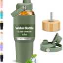PROBTTL Glass Water Bottles 32 oz, 1 Liter Glass Tumbler, Borosilicate Water Bottle with Straw, Silicone Sleeve, 2 Lids - Handle Spout & Bamboo Straw Lid, Fits Car Cup Holder (Olive)