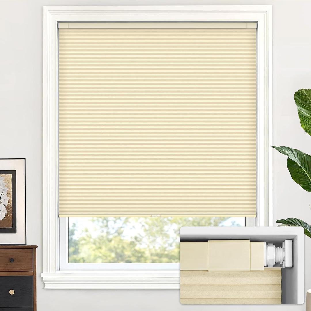 LazBlinds Cordless Cellular Shades, No Tools No Drill Light Filtering Honeycomb Shades Pleated Blinds for Windows, 28'' W x 64'' H, Alabaster