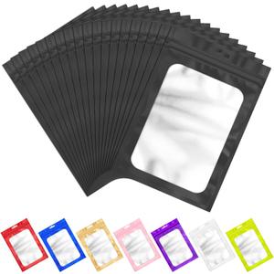 100 PCS Resealable Mylar Bags with Zipper and Frosted Clear Window Packaging Bags Foil Pouch Zip Bag for Food Self Sealing Storage Supplies (Black, 4.72x7.1)
