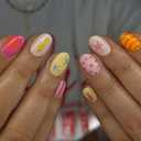 French Tip Press on Nails Short Oval Almond Multicolor Fake Nails Press ons Artificial Acrylic Nail Art Kit Full Cover False Nails Glue on Nails with Lines Fish Star Design for Women 24Pcs