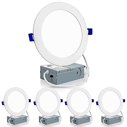 Meconard 8 Pack 6 Inch Ultra-Thin LED Recessed Ceiling Light, 3000K/4000K/5000K Selectable, Dimmable 12W=110W, 1050LM, IC Rated Can-Killer Downlights with Junction Box, ETL and Energy Star Listed