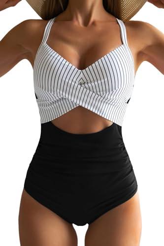Eomenie Women's One Piece Swimsuits Tummy Control Cutout High Waisted Bathing Suit Wrap Tie Back 1 Piece Swimsuit Black Striped, Size M