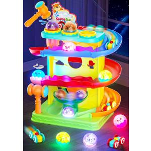 Funwee 2-in-1 Rolling Ball & Racing Car Ramp Toy for Toddlers, Race Track Hammer Lights Ball Drop, Interactive Montessori Learning Game for Kids 1-5+ Year Old Girl Boy Gift (Yellow)