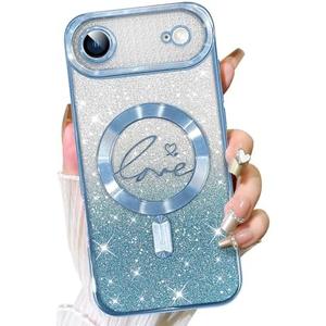 Fiyart Designed for iPhone Air Case 2025,Compatible with MagSafe Love Hearts Plating Camera Protection TPU Magnetic Glitter Shockproof Phone Bumper for Women Girls 6.6"-Blue