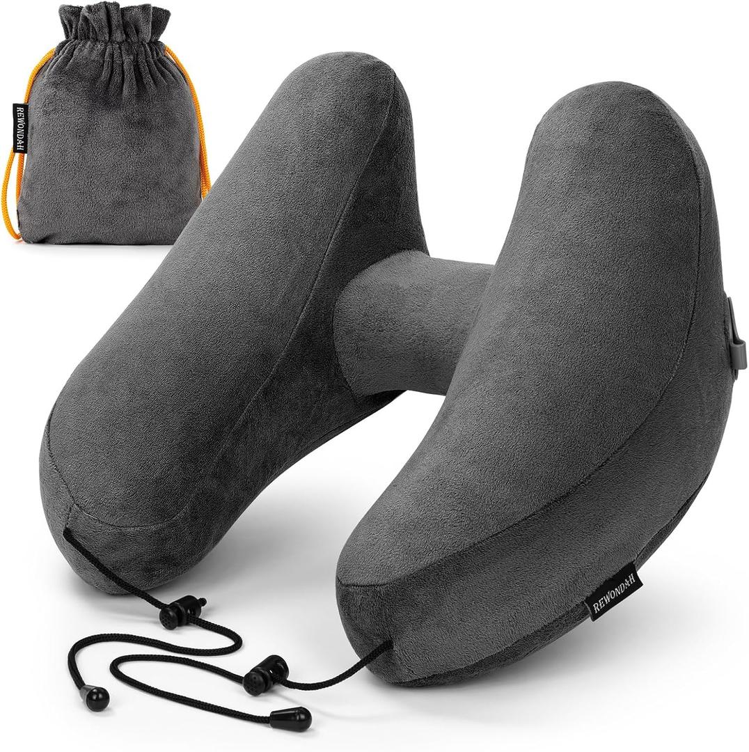 Rewondah Inflatable Travel Pillow for Sleeping Airplane - Inflatable Neck Pillow for Traveling on Plane with Washable Cover, Blow up Neck Travel Pillow for Airplanes, Cars - Portable and Comfortable (Dark Grey)