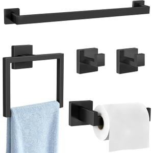 Gypie Bathroom Accessories Set Wall Mounted, 5-Piece 24In Matte Black | Stainless Steel Modern Wall Mount Towel Racks for Bathroom Towel Bar Set