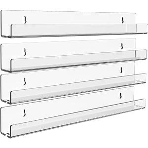 4 Pack Acrylic Clear Floating Bookshelf for Kids Room,15" Invisible Wall Bookshelves Ledge Book Shelf,U Modern Picture Ledge Display Toy Storage Vinyl Record Wall Shelf and Organizer Decor