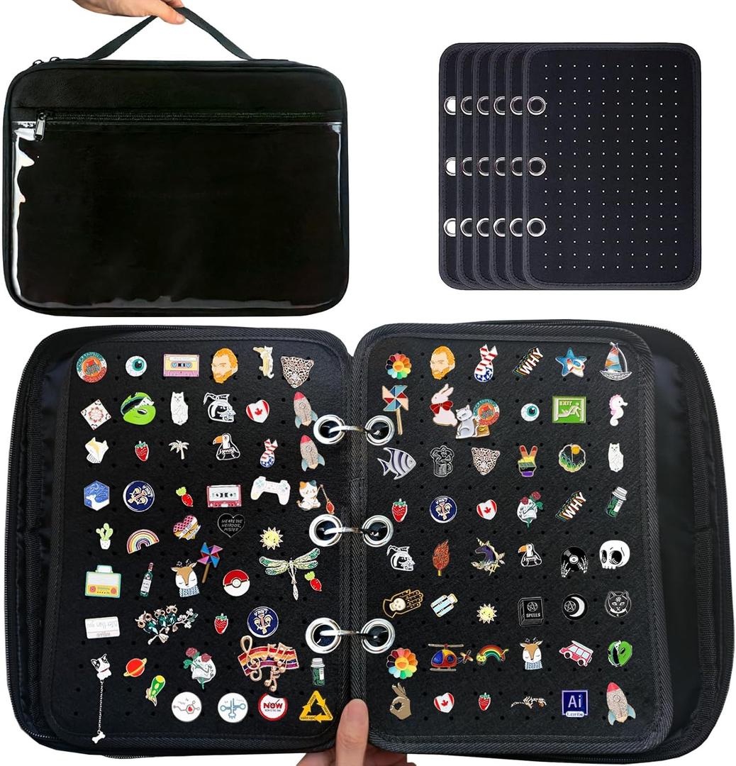 6 Pages Pin Books For Collectors, Enamel Pin Display Pages Pin Carrying Case, Travel Brooch Pins Display Bag(Not Include any Accessories) (Black With 6 Binder)