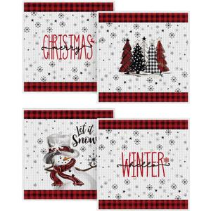Artoid Mode Red Xmas Tree Snowman Merry Christmas Kitchen Dish Cloths, 12x12 Inch Quick Dry Microfiber Dishcloths for Kitchen Dish Rags Set of 4