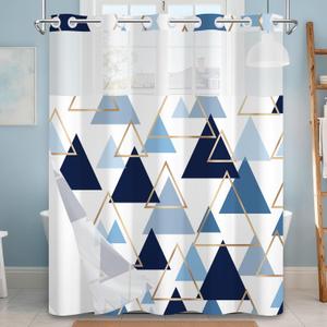 No Hook Geometric Shower Curtain with Snap in Liner, Blue and Gold Triangle Pattern with Mesh Top Window, Waterproof Double Layer for Bathroom Decor, 71 x 74 Inch