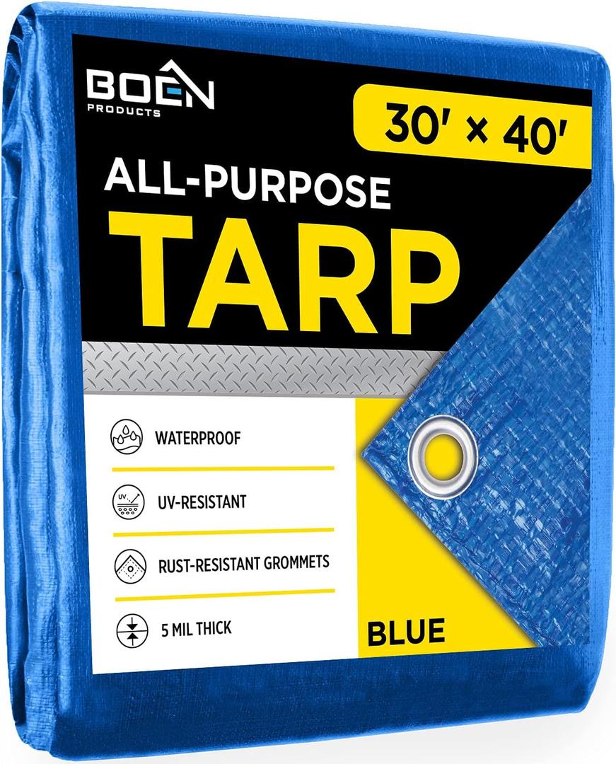 Multi-Purpose Large Tarp Waterproof Cover | Blue, 30' x 40' 5 Mil Thick | Rip Proof Tarps | Thick Weave Material, UV Resistant Great for Tarpaulin Canopy Tent, Boat, RV or Pool Cover