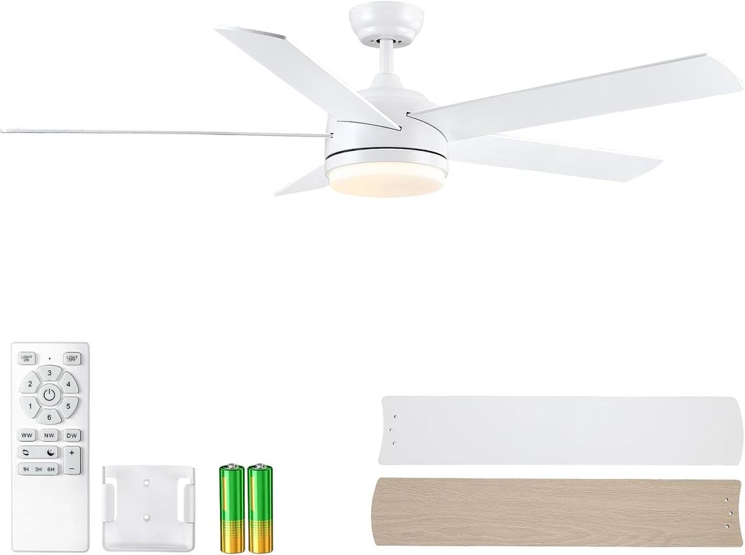 YUHAO 60 Inch White Ceiling Fan with Light and Remote Control.Noiseless,Dimmable,3CCT,6 Speeds Reversible, DC Ceiling Fans for Indoor or Covered Outdoor Use.ETL Listed