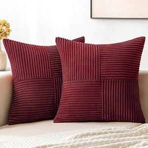 MIULEE Burgundy Corduroy Pillow Covers Pack of 2 Boho Decorative Spliced Throw Pillow Covers Soft Solid Couch Pillowcases Cross Patchwork Textured Cushion Covers for Living Room Bed Sofa 18x18 inch