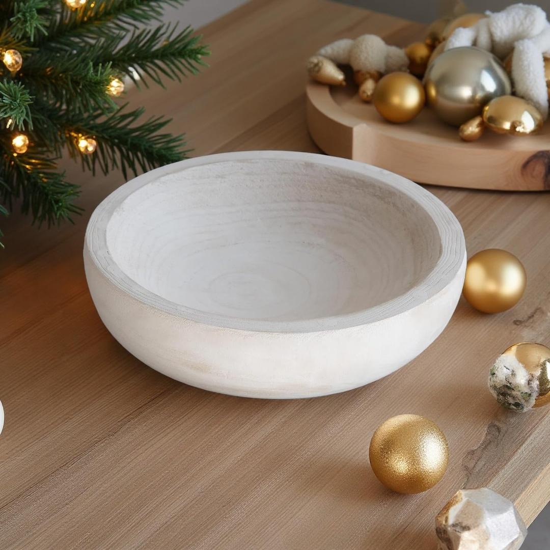 COLLECTIVE HOME - Paulownia Wood Hand Carved Tray, Fruit Snack Holder, Decorative Bowl, Rustic Home Decor Accessories for Coffee Table, Living Room, Wedding Centerpiece, 10" (washed white)