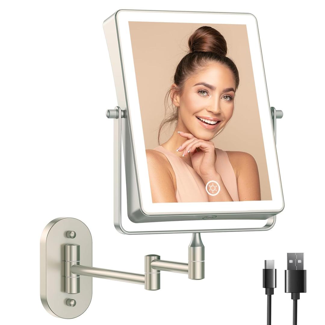 FASCINATE Rechargeable Wall Mounted Makeup Mirror with Lights, Bathroom Mirror Rectangle 8.7" Double Sided Touch Switch 1X 10X Magnifying Mirror with 3 Color Setting Extended Arm 360 Swivel Foldable