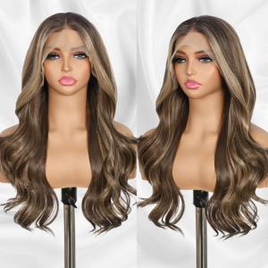 Brown mix Blonde Synthetic Lace Front Wig 13x4 Pre Plucked Highlight Body Wave Lace Front Wigs for Women Heat Resistant Hair 22 Inch Daily Use