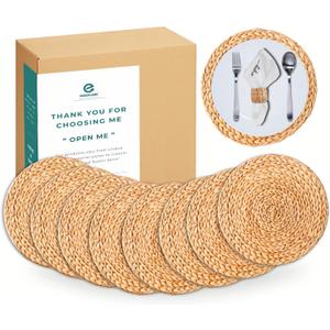 Round Woven Placemats Set of 8, Wicker Placemats, Natural Water Hyacinth Placemats, Braided Straw Table Mats, Heat Resistant Non-Slip for Kitchen, Dining and Home Decor (13.5")