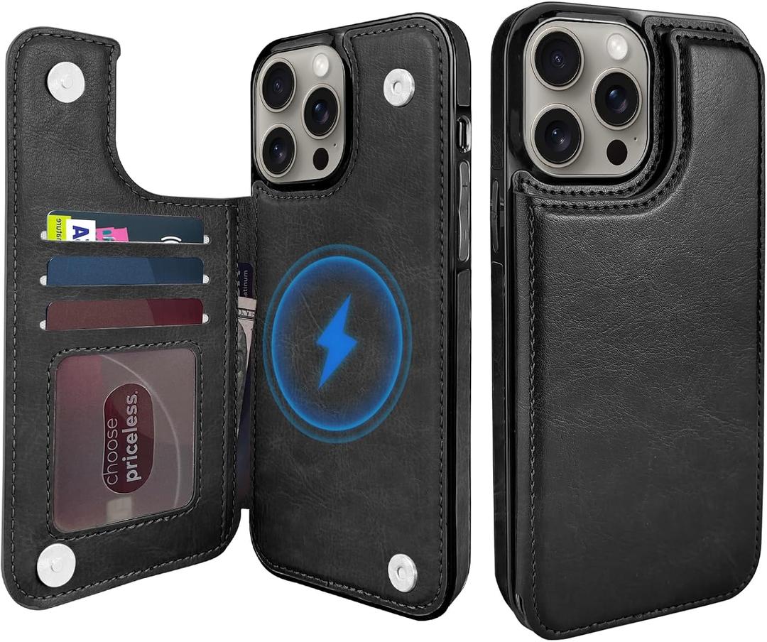 Wallet Case for iPhone 15 Pro Max 6.7", Compatible with MagSafe, Wireless Charging, Leather Card Holder Kickstand Protective Cover Magnetic Phone Flip Case-Black