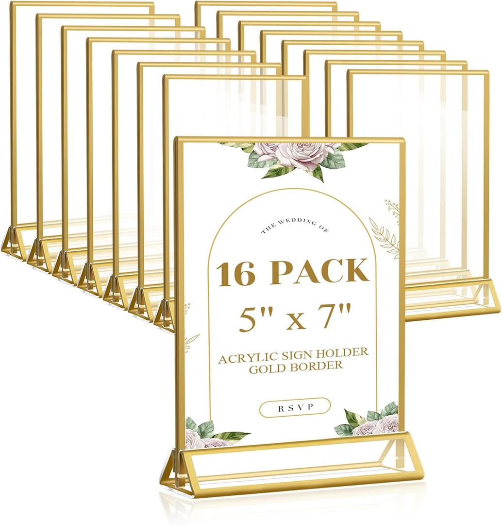 Smarpau 5x7 Gold Acrylic Sign Holder, 16 Pack Vertical Double Sided Gold Table Number Holders, Clear Picture Frame Menu Display Stand for Wedding Reception Party Banquet Home Office Restaurant