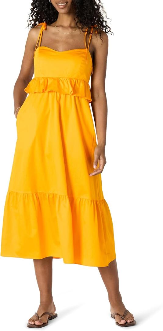 Amazon Essentials Women's Fit and Flare Cotton Sateen Empire Waist Midi Ruffle Dress
