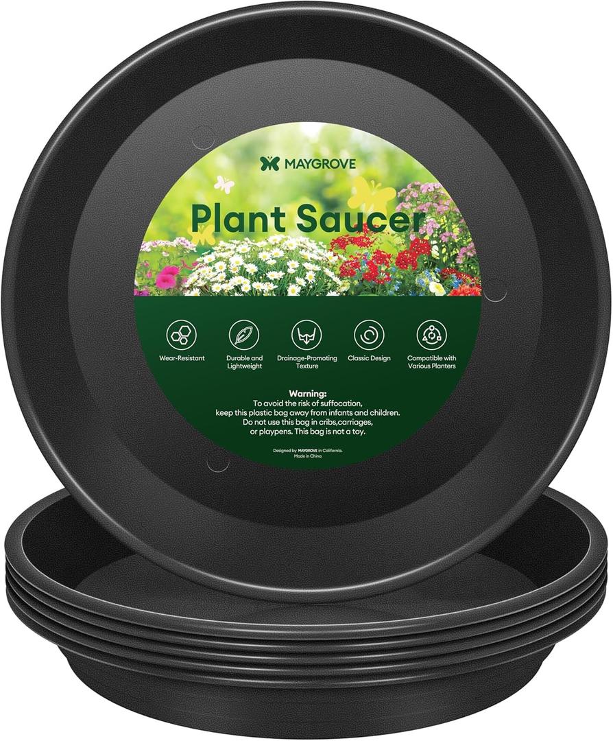 Maygrove 6 Pack Plant Saucer, 8 10 12 inch Plant Saucers for Indoor, Heavy Duty Plastic Plant Trays for pots, Grow Bags, Bird Baths, Flower Drip Trays for Indoor and Outdoor Uses (10", Black)