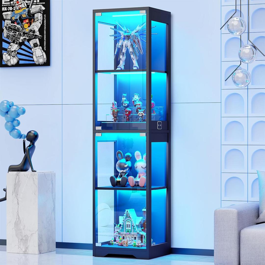 BROTTAR Glass Display Cabinet, 4-Tier Curio Cabinets with 3 Color Lights for Collectibles, Storage Cabinet with Door, Glass Display Case & Bookcase with Human Body Sensor, Black, Large