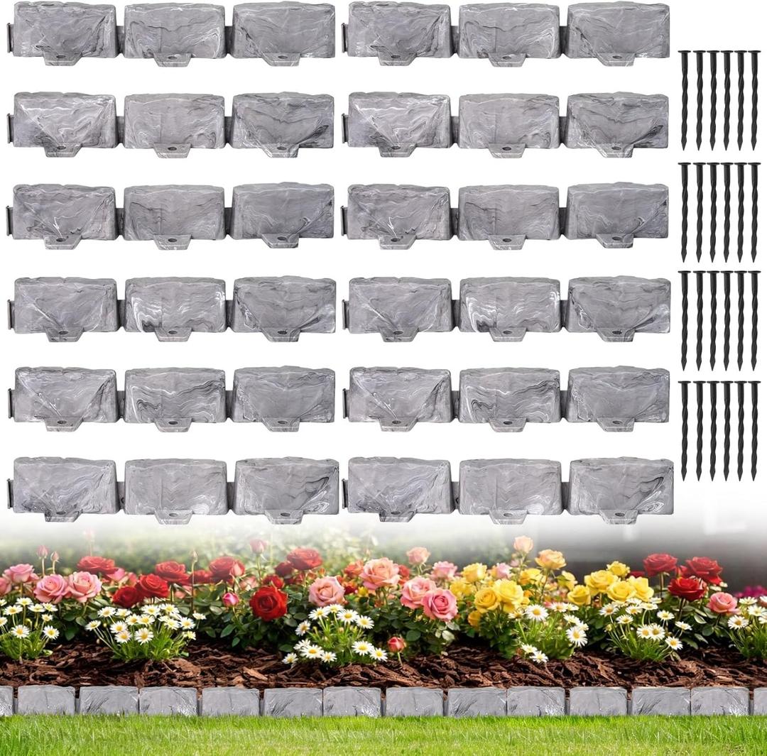Landscape Edging Faux Stone Garden Edging Border,17FT x 2.75 in Tall Decorative Stone-Look Garden Border for Flower Bed Edging,Lawn,Landscaped Yard,Trees and Gardens,with Anchoring Spikes,Gray