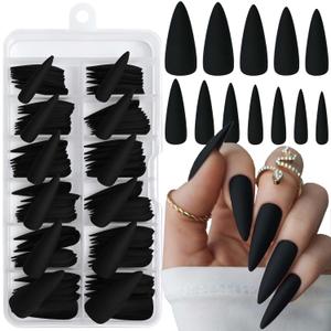 LoveOurHome 120pc Stiletto Press on Nails Long Fake Nails, Matte Black Nails Press ons Nail Stiletto Artificial Fingernails Long Pointy Claw False Nails Full Cover Acrylic Nail Tips for Women Girls