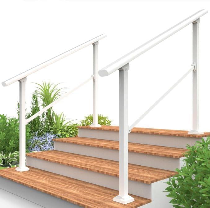 2-Pack Hand Rails for Outdoor Steps, 4 Step Metal Stair Railing Kit, Outdoor Steel railings for Porch, Deck & Concrete Steps, Safe Hand Railings for Seniors White