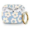 Compatible with Airpod pro 2nd/1st Generation Case Cover with Gold Round Keychain Cute Pattern Hard & Anti Slip Cover for Men Women & Girls(Blue Flower)