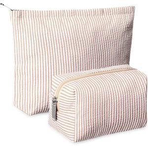 2 Pcs Makeup Bag Set Cute Cosmetic Pouch for Women Seersucker Travel Toiletry Bag Preppy Small Makeup Purse Pouch Aesthetic Skincare Brushes Storage Organizer for Valentine Women(Khaki)