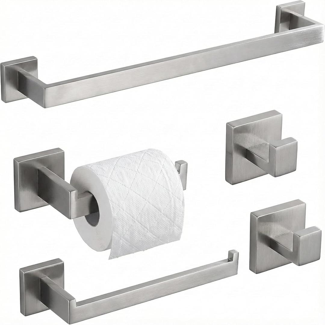 5 Piece Bathroom Hardware Set Brushed Nickel, SUS304 Stainless Steel Towel Bar Set, Modern Square Accessories with 16 Inch Rack Toilet Paper Holder Robe Hooks (Brushed Nickel)
