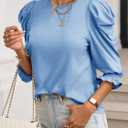 Tankaneo Womens 3/4 Length Sleeve Tops Dressy Casual Blouse Puff Sleeve Cute Trendy T Shirts with Smocked Cuffs (Blue)