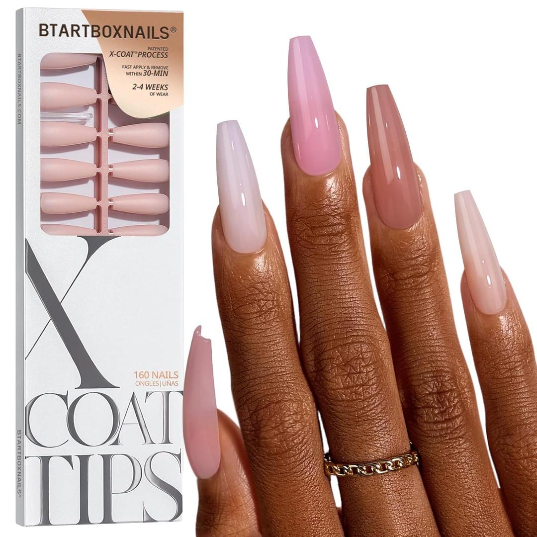 BTArtboxnails XCOATTIPS Bare 5-Shades Nude Press on Nails - 4-Week Wear Extra Long Coffin Press on Nails, Easy to Apply, Soak Off, Salon Quality Value at Home, 16 Sizes - 160 Fake Nails