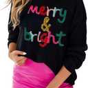 LEMAFER Women 2026 Merry Christmas Round Neck Sequin Letters Sweater Casual Solid Slogan Long Sleeve Pullover Sweatshirt Tops (Black, S)