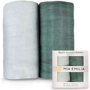 MIA EMILIA Muslin Swaddle Blankets - Baby Essentials Blanket Newborn Must Haves Boy Girl Breastfeeding Gifts Shower Burp Cloths Wrap Sleep Soft Gender Neutral (Solid Green) Pack of 2