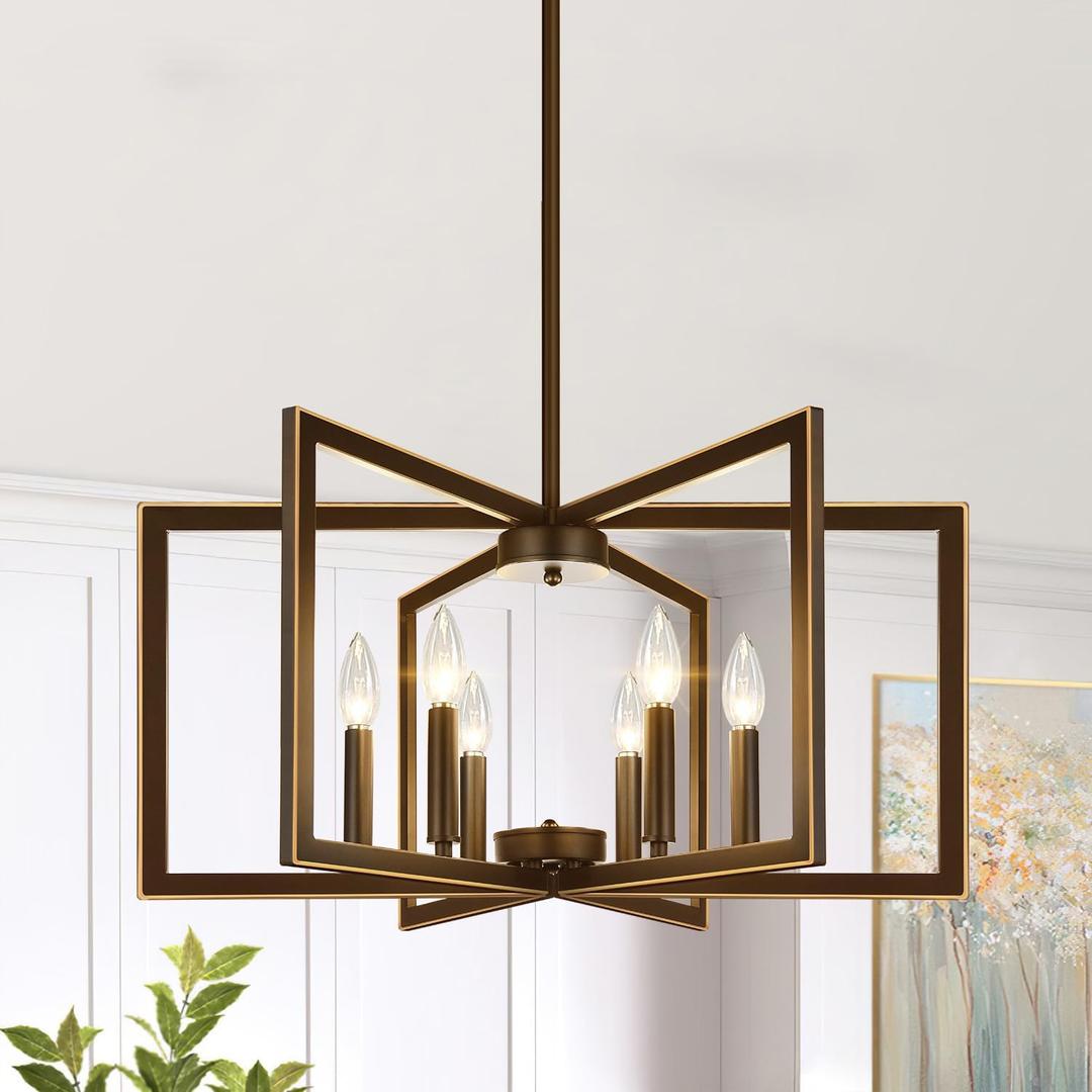 6-Light Modern Brown Chandelier, Geometric Dining Room Light Fixture Industrial Pendant Lights Kitchen Island, Hanging Metal Farmhouse Chandelier for Dining Room Entryway Foyer (Oil-Rubbed Bronze)