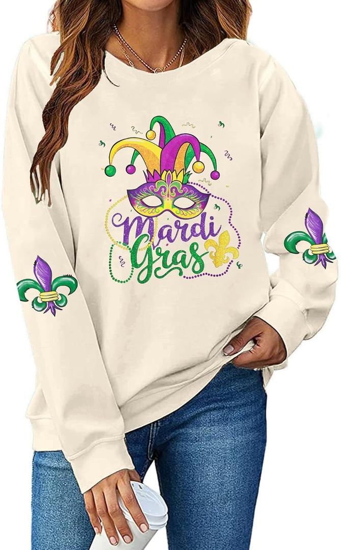 LUKYCILD Women Mardi Gras Sweatshirts Carnival Sweatshirt Funny Mask Graphic Long Sleeve Shirt Fat Tuesday Pullover Top (White, L)