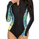 American Trends Womens Athletic One Piece Swimsuits Long Sleeve Swimsuit Sports Surfing Swimwear Bathing Suits Black Green Print, Small
