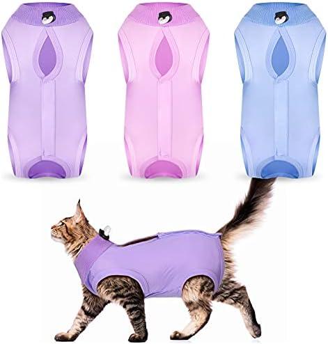 Nuanchu 3 Pieces Cat Recovery Suit Kitten Recovery Suit E-Collar Alternative for Cats and Dogs Abdominal Skin Anti Licking Pajama Clothes Sets(Small,Solid Style,Purple Pink Blue), S
