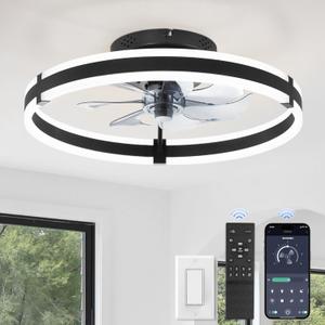 Ceiling Fans with Lights and Remote, 19.7'' Low Profile Ceiling Fan, 3000-6000K Dimmable Modern Flush Mount LED Fan Light, 6 Wind Speeds, Black Fandelier Ceiling Fans for Bedroom (19.7 INCH)