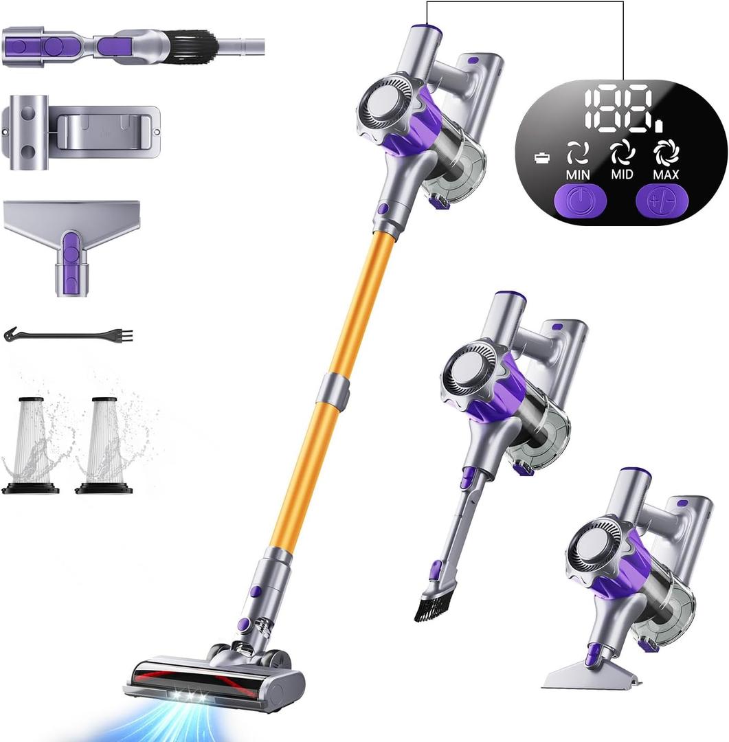 MBYULO Cordless Vacuum Cleaner, 450W 50Kpa Powerful Stick Vacuum, Up to 70Mins Rechargeable Battery, Vacuum Cleaners for Home Anti-Tangled Lightweight Handheld for Hardwood Floor, Carpets, Pet Hair (580, Gold)