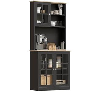 HOMCOM Kitchen Pantry Storage Cabinet, 72" Freestanding Cabinet with Hutch, Large Countertop, Glass Doors and Adjustable Shelves for Dining Room