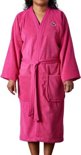 Lacoste Classic Pique Bath Robe, 100% Soft Cotton Terry, Unisex Bathrobe for Adult Women & Men, Luxury Robe for Spa, Super Absorbent & Quick Drying, One Size Fits Most, Magenta