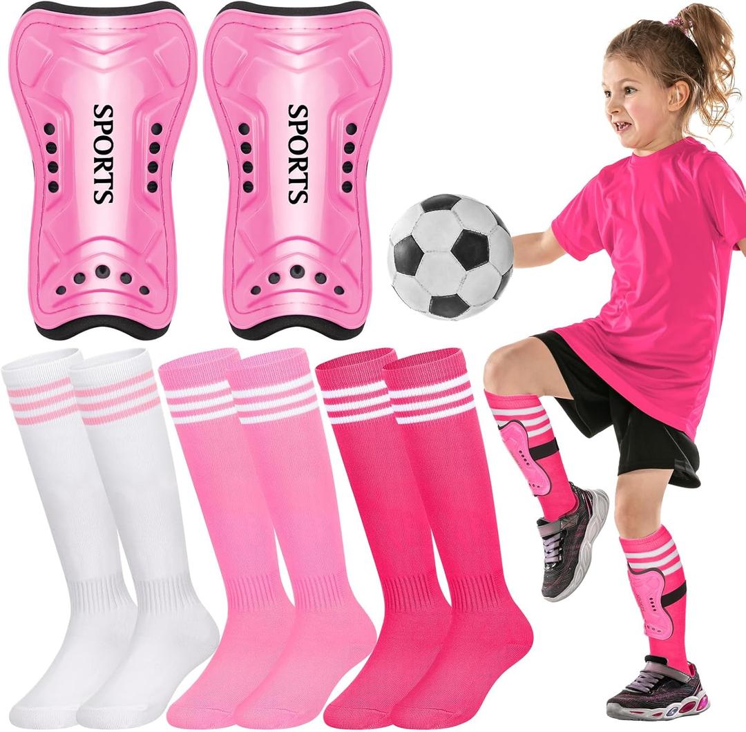 Liliful 4 Pcs Soccer Shin Guards Set for Girl Kids Youth Include 1 Shin Guards & 3 Sport Socks Protective Lightweight Gear Leg Pads Gear for 3-15 Girls Boy Children Teens (Small)