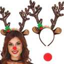Reindeer Antlers Headbands with Red Nose, Christmas Sequin Reindeer Headbands with Bells Antler Xmas Party Headwear Accessories for Women Girls Kids