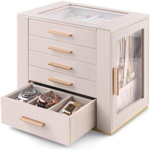 Homeanda Jewelry Box for Women with Glass Lid, 5 Drawers Jewelry Organizer and Storage for Necklaces, Rings, Earrings, Bracelets, Gift for Girls and Teens,PU Leather (Beige)