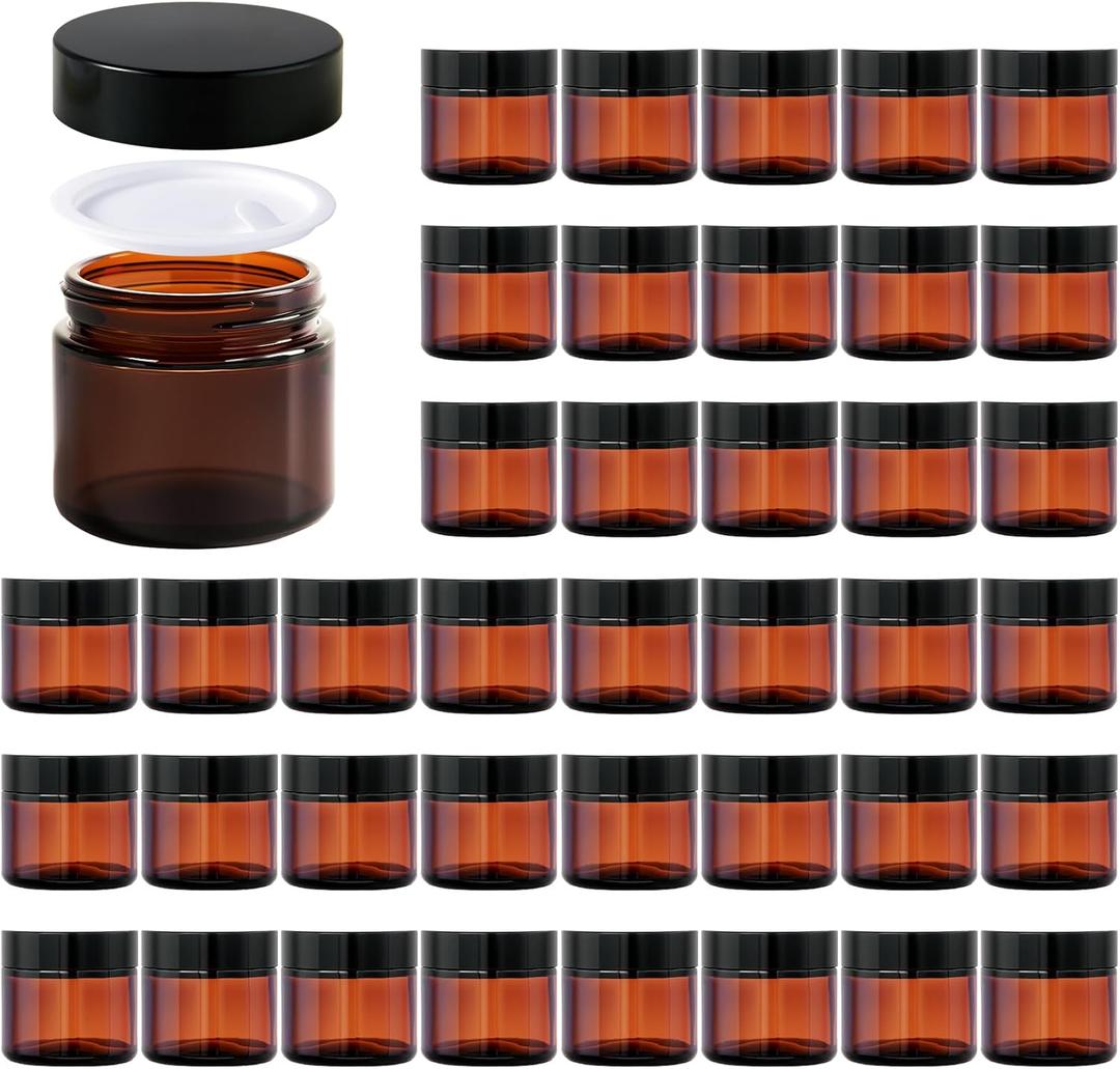 11 Hoa Kinh 2oz Jars with Lids 40 Pack Amber Glass Jars with Lids Empty Cosmetic Containers Round Airtight Glass Jar with Black Lid for Storing Lotions Powders Ointments
