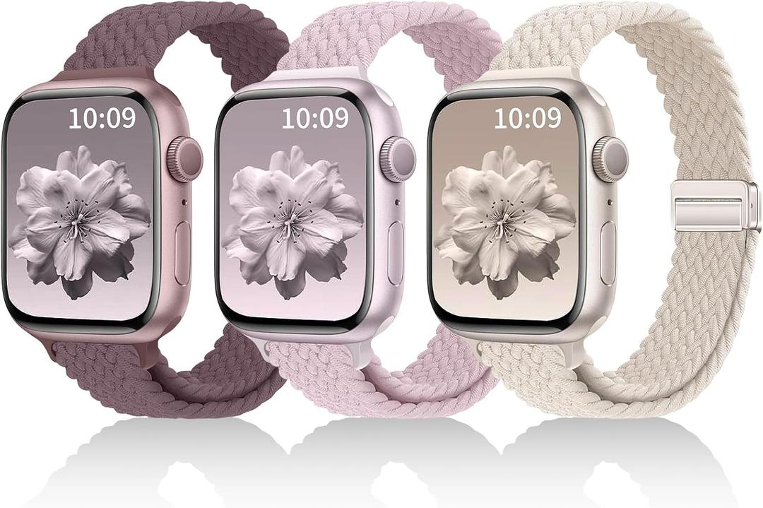 3 Pack Slim Braided Stretchy Bands Compatible with Apple Watch Band 38mm 40mm 41mm 42mm 44mm 45mm 46mm 49mm Women Men, Thin Nylon Magnetic Strap Bands for iWatch Series 10/9/8/7/6/5/4/3/2/1/SE Ultra